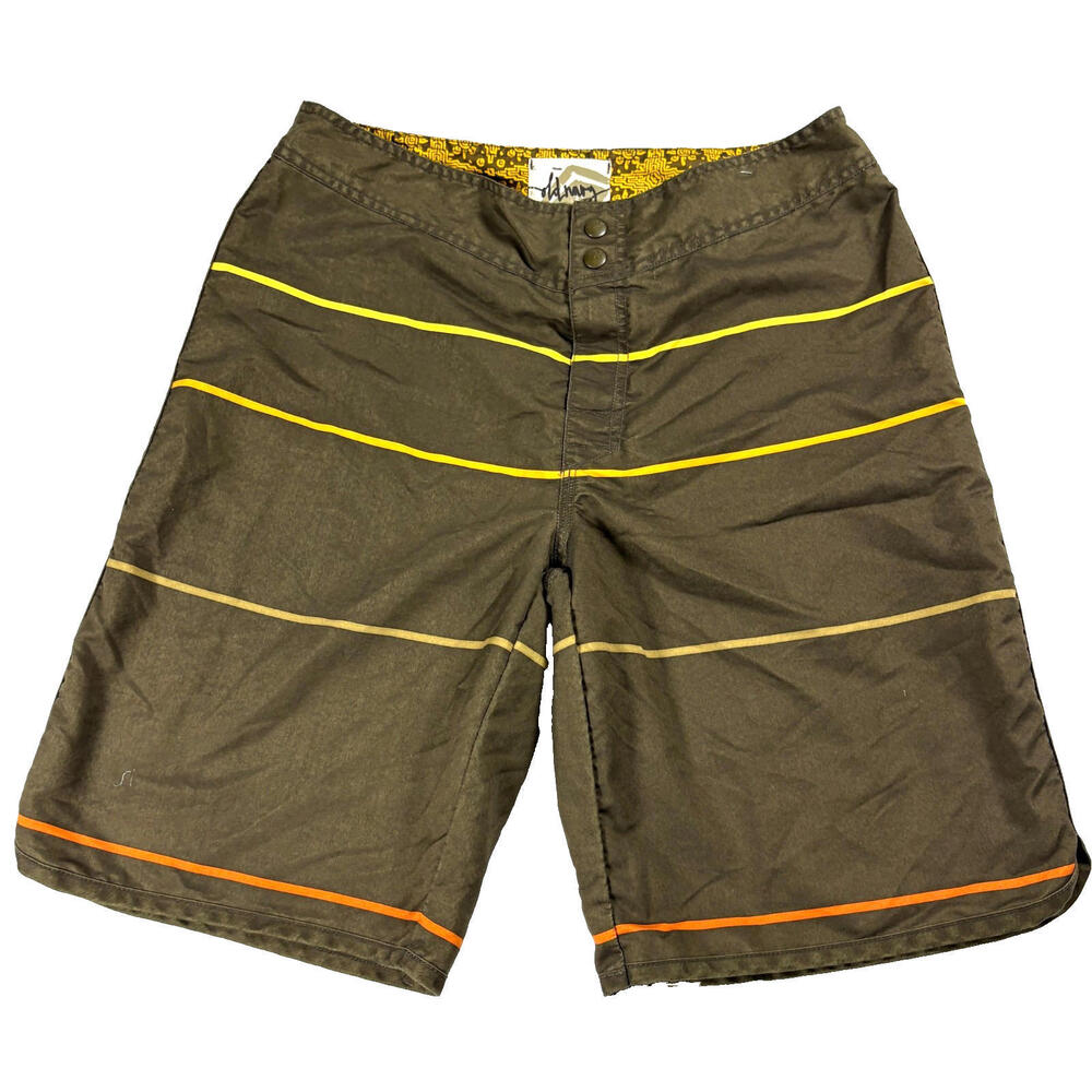 Volcom Board Shorts Mens Medium Brown Yellow Stripe Retro Surf Swim Shorts Beach